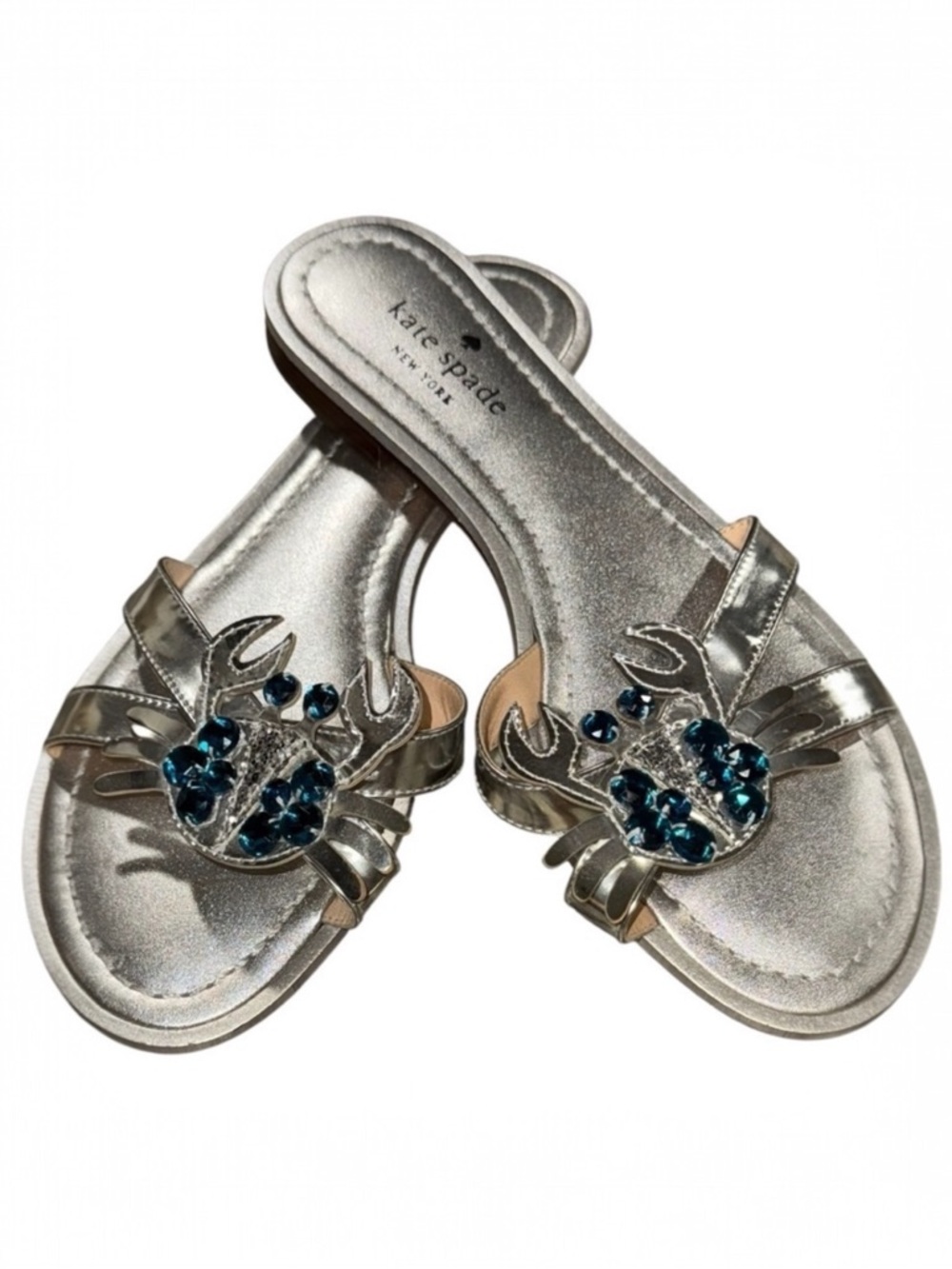 Kate Spade Silver Jeweled Crab Embellished Slide Sandals Size 8